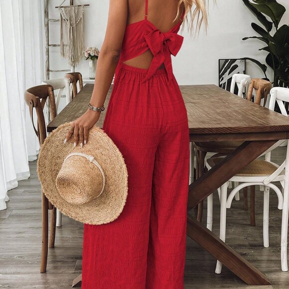 Red Boho Women's V-Neck Backless Bowknot Strap Jumpsuit - Picture 6 of 6